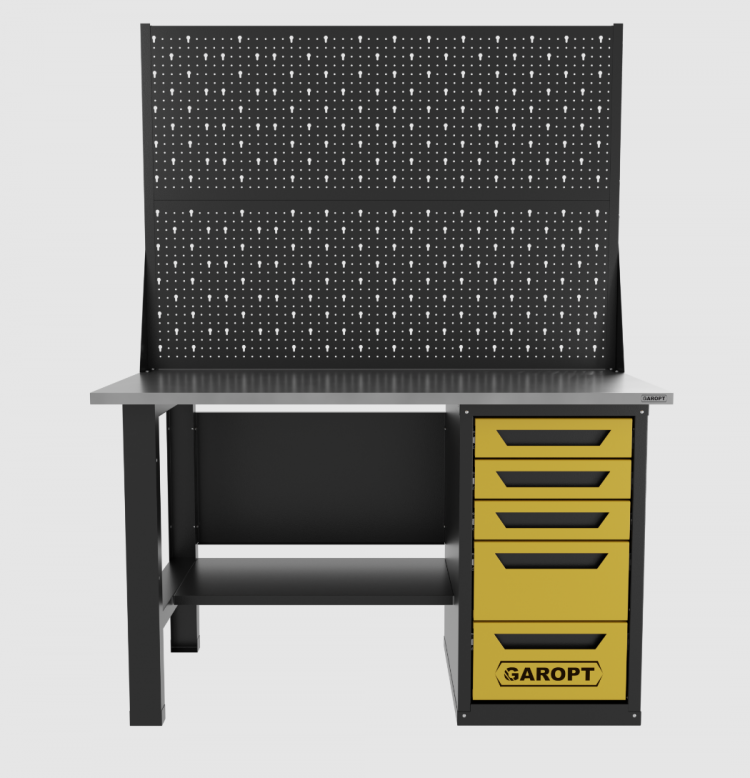 Верстак однотумбовый 5 ящиков с двумя экранами, желтый 1400*700 Garopt, GT1400STY5PP2.yell