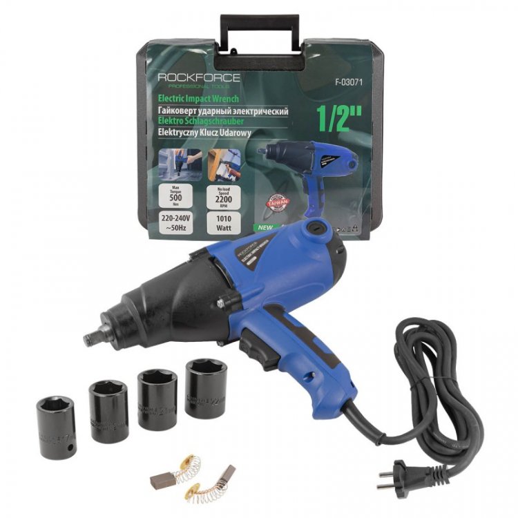 Гайковерт ударный электрический 1/2" (220-240V, 1010W, 500Нм) с комплектом головок (17, 19, 21, 22мм)