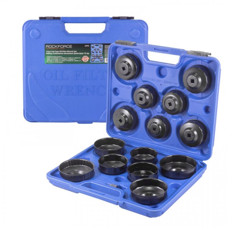 Набор съемников масляных фильтров 3/8", 15пр.(65х14,68х14,65/67х14,74/76х14,76х30,73х14,75/77х15,93х15,90х15,74/76х15,80х15,82х15,93х36,100х15)в кейсе