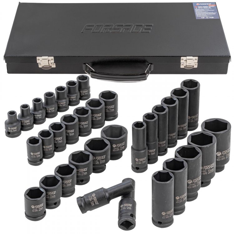 Набор головок ударных 33пр.1/2''(6гр.)(L-38мм:8-24,27,30,32мм,L-78мм:10,12-15,17,19,21,22,24,27,30,32мм)в метал кейсе Набор головок ударных 33пр.1/2''(6гр.)(L-38мм:8-24,27,30,32мм,L-78мм:10,12-15,17,19,21,22,24,27,30,32мм)в метал кейсе