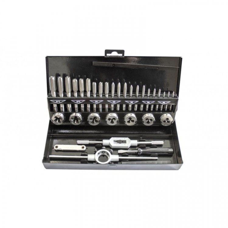 Набор метчиков и плашек, 32(М3х0.5,М4х0.7,М5х0.8,М6х1.0,М8х1.25,М10х1.5,М12х1.75) пр в металлическом кейсе