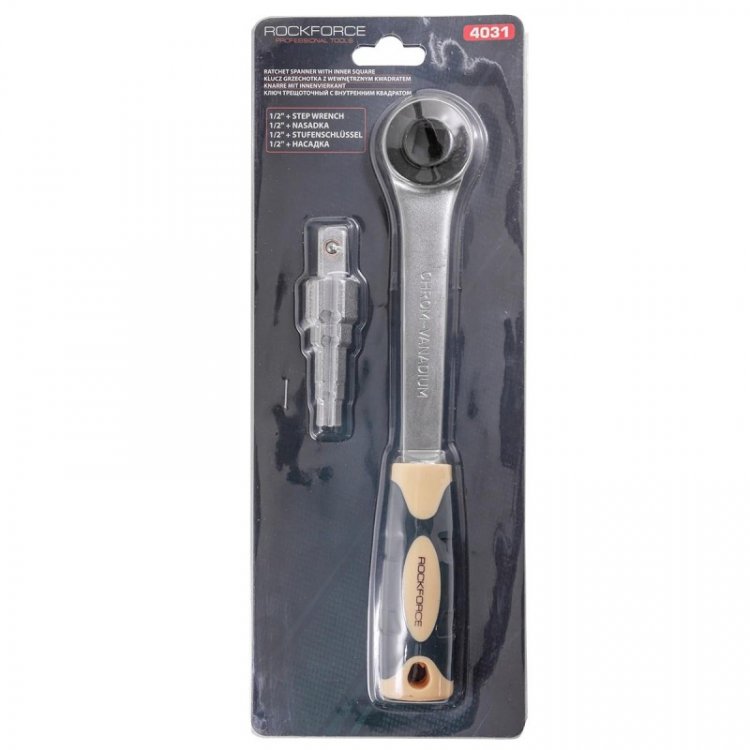 Трещотка с внутренним квадратом 1/2'' и ключом ступенчатым для американок,в блистере