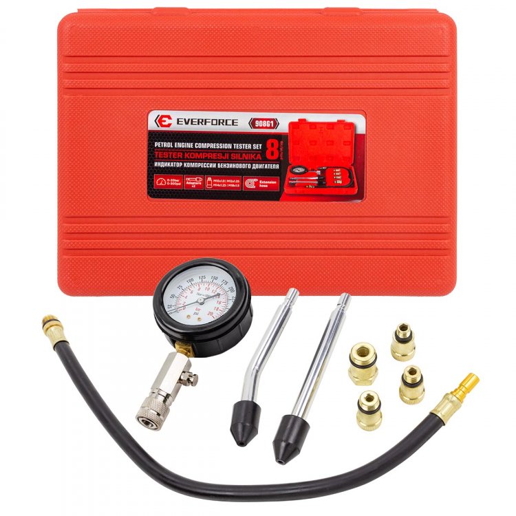Индикатор компрессии бензинового двигателя 8пр.(0-20Bar, М10х1.0, М12х1.25, М14х1.25, М18х1.5 + 2 жестких прижимных адаптера-переходника),в кейсе