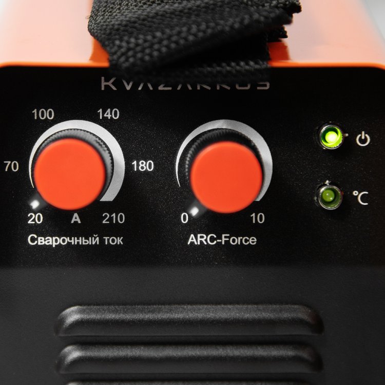 Сварочный аппарат KVAZARRUS 210 - Регулировка форсажа дуги (контроль стабилизации дуги). Горячий старт, антизалипание. Работает от 140В. MMA, розетки 25 мм2, напряжение питания: 220В±15%, Диапазон сварочного тока: 20-210А, ПВ: 60%, ремень для перенос Сварочный аппарат KVAZARRUS 210 - Регулировка форсажа дуги (контроль стабилизации дуги). Горячий старт, антизалипание. Работает от 140В. MMA, розетки 25 мм2, напряжение питания: 220В±15%, Диапазон сварочного тока: 20-210А, ПВ: 60%, ремень для перенос