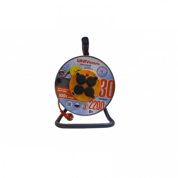 Удлинитель катушка "UNIVersal" ВЕМ-250 IP-44 термо 2200Вт 4гн. з/к 30м Удлинитель катушка "UNIVersal" ВЕМ-250 IP-44 термо 2200Вт 4гн. з/к 30м