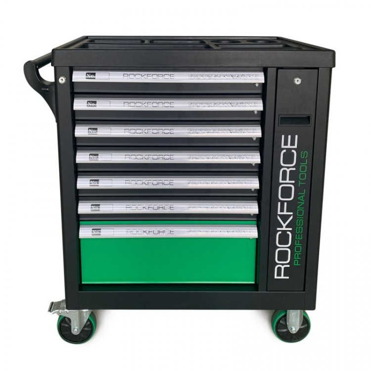 Тележка инструментальная 7-ми полочная (зеленая), с дополнительной боковой секцией, 600х790х970 (полки:65х500х395-6шт,200х500х395мм-1шт)