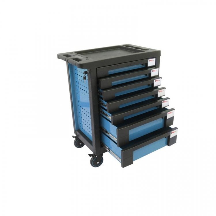 Тележка инструментальная 7-и полочная(синяя) с пластиковой защитой корпуса+2боковые перфорации,460х770х980(полки:65х400х530-5шт,140х400х530мм-2шт)