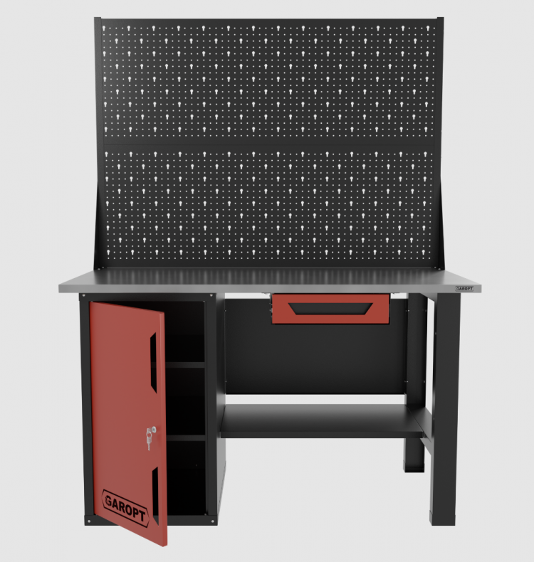 Верстак однотумбовый с ящиком и двумя экранами 1400*700 GAROPT красный, GT1400STDY1PP2.red