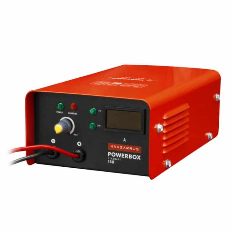 Зарядное устройство KVAZARRUS PowerBox 15U - Напряж. питан. - 220В/50Гц, потреб.ток - 2,8А, Заряж.аккум - 12В-24В/50-300АЧ, ток заряда 5А-15А, напряж.заряда: 14.5-14.8/29-29.6, защита от перегрева, темп.-40С - +60С, длина сетевого кабеля - 1,5м, длин