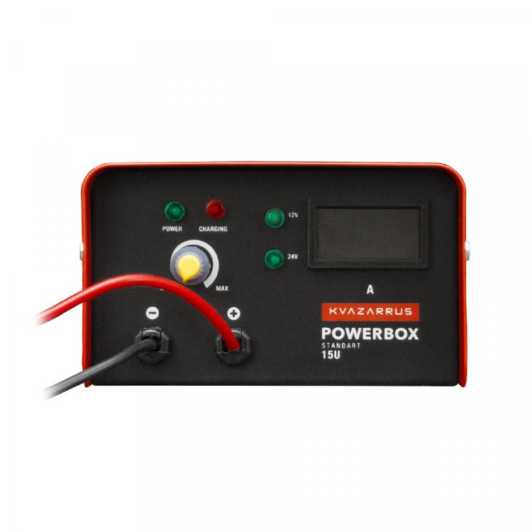 Зарядное устройство KVAZARRUS PowerBox 15U - Напряж. питан. - 220В/50Гц, потреб.ток - 2,8А, Заряж.аккум - 12В-24В/50-300АЧ, ток заряда 5А-15А, напряж.заряда: 14.5-14.8/29-29.6, защита от перегрева, темп.-40С - +60С, длина сетевого кабеля - 1,5м, длин