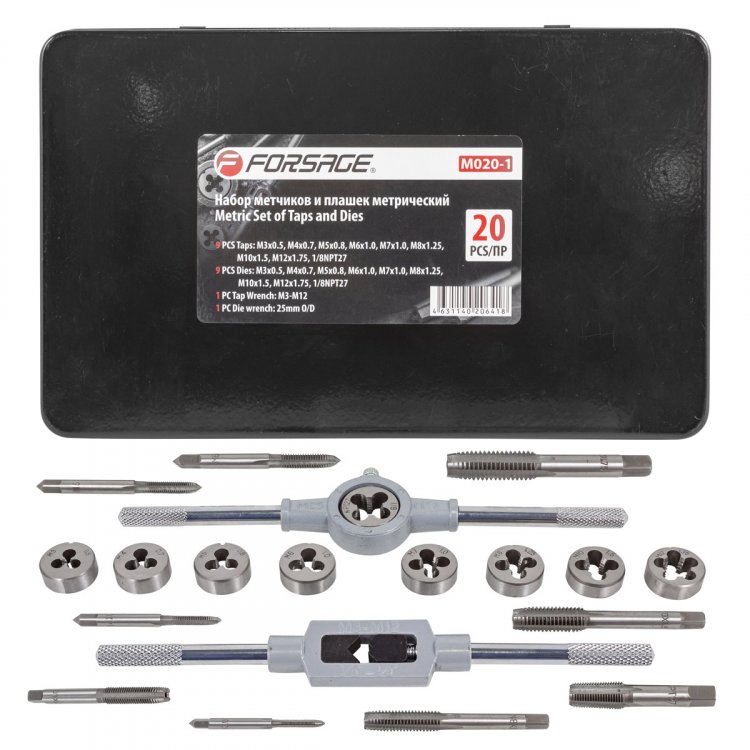 Набор метчиков и плашек метрический 20пр. (М3х0.5, М4х0.7, М5х0.8, М6х1, М7х1, М8х1.25, М10х1.5, М12х1.75, 1/8NPT27), в металлическом кейсе Набор метчиков и плашек метрический 20пр. (М3х0.5, М4х0.7, М5х0.8, М6х1, М7х1, М8х1.25, М10х1.5, М12х1.75, 1/8NPT27), в металлическом кейсе