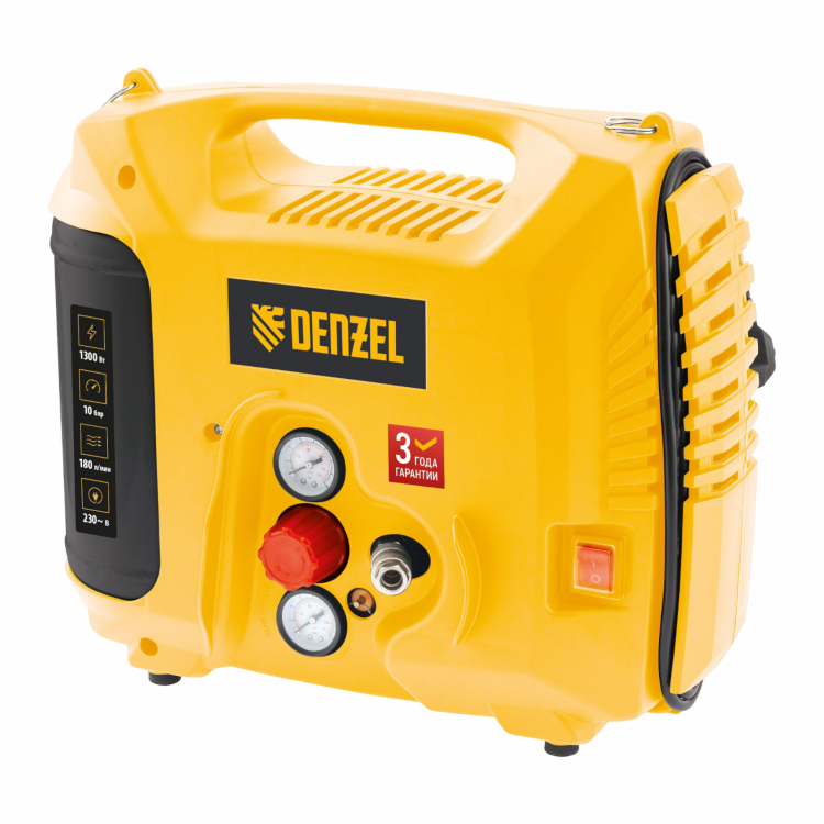 Компрессор воздушный DL1300, 10 бар, 1,3 кВт, 180 л/мин, 5 л, с набором аксессуаров// Denzel Компрессор воздушный DL1300, 10 бар, 1,3 кВт, 180 л/мин, 5 л, с набором аксессуаров// Denzel