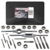 Набор метчиков и плашек метрических 24пр.(М5х0.8/0.9, М6х0.75/1.0, М8х1.0/1.25, М10х1.25/1.5, М12х1.5/1.75), в металлическом кейсе Набор метчиков и плашек метрических 24пр.(М5х0.8/0.9, М6х0.75/1.0, М8х1.0/1.25, М10х1.25/1.5, М12х1.5/1.75), в металлическом кейсе