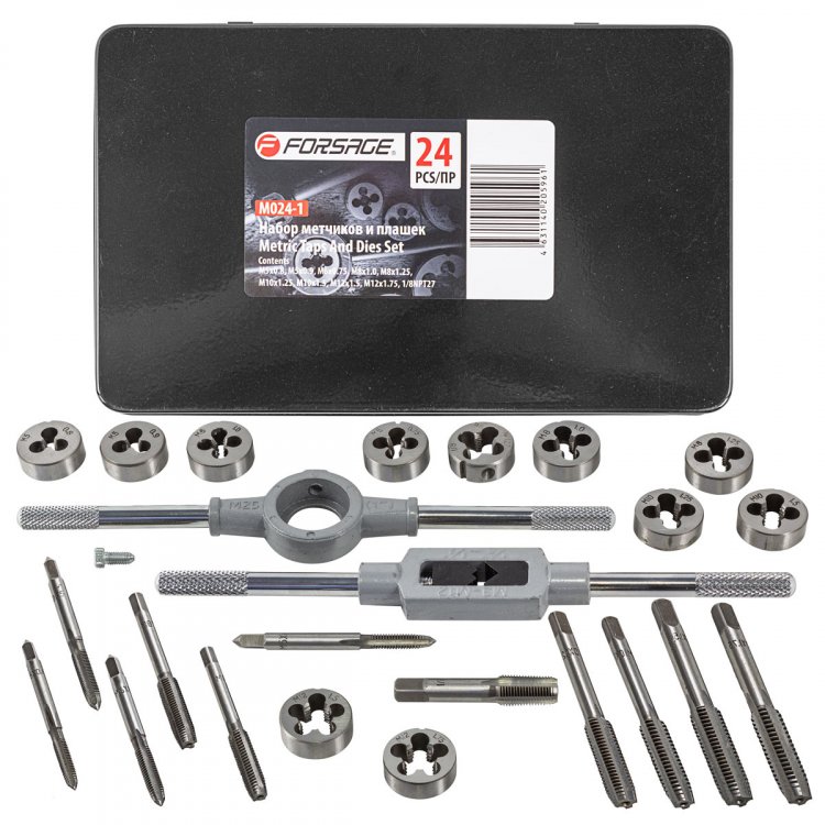 Набор метчиков и плашек метрических 24пр.(М5х0.8/0.9, М6х0.75/1.0, М8х1.0/1.25, М10х1.25/1.5, М12х1.5/1.75), в металлическом кейсе