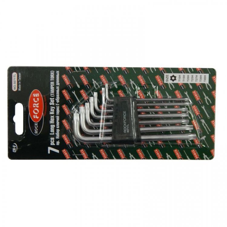 Набор ключей TORX Г-образных длинных с отверстием 7пр.(Т10Н,Т15Н,Т20Н,Т25Н,Т27Н,Т30Н,Т40Н) в пластиковом держателе