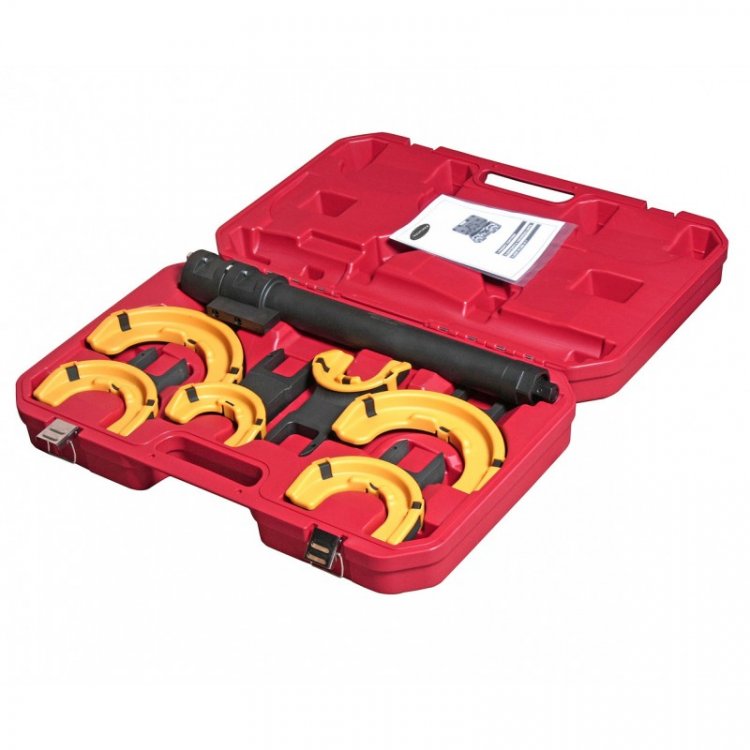 Стяжка пружин усиленная с 3-мя парами захватов и пластиковыми накладками, 7пр.(раб. диапазон:80-317мм, диаметры захватов: 80/110/165 мм),в кейсе