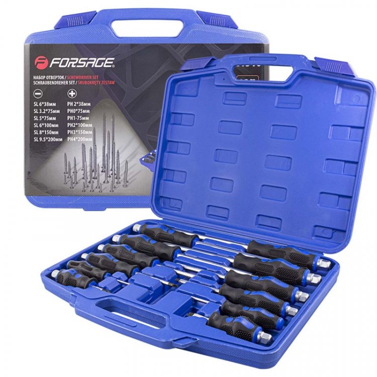 Набор отверток силовых ударных магнитных 12пр. (SL: 6х38,3.2х75,5х75,6х100,8х150,9.5х200мм PH: 2х38,0х75, 1х75, 2х100, 3х150, 4х200мм), в кейсе