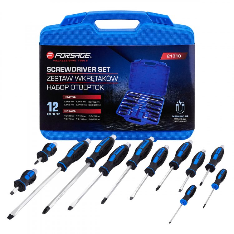 Набор отверток силовых ударных магнитных 12пр. (SL: 6х38,3.2х75,5х75,6х100,8х150,9.5х200мм PH: 2х38,0х75, 1х75, 2х100, 3х150, 4х200мм), в кейсе