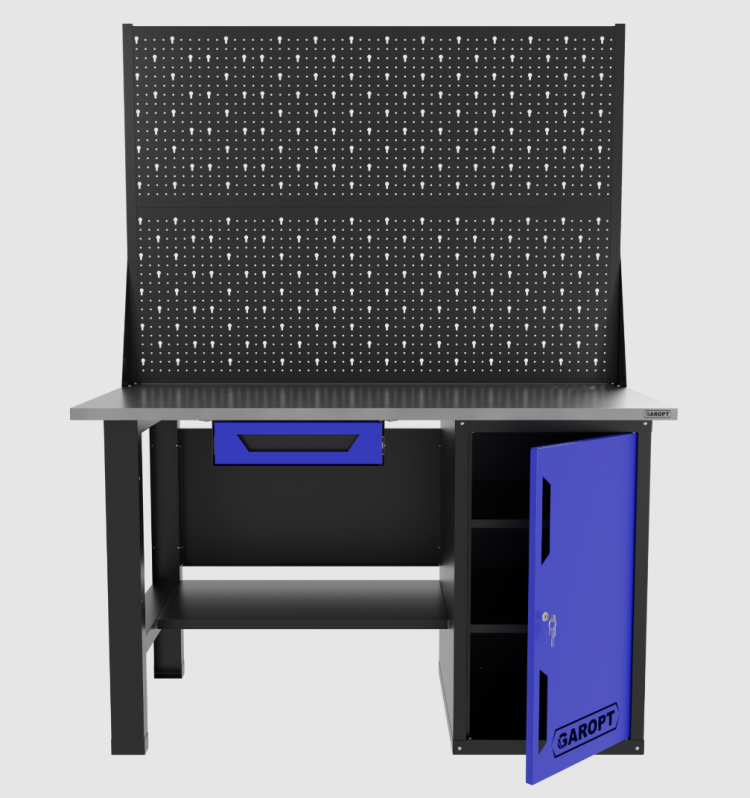 Верстак однотумбовый с ящиком и двумя экранами 1400*700 GAROPT синий, GT1400STDY1PP2.blue