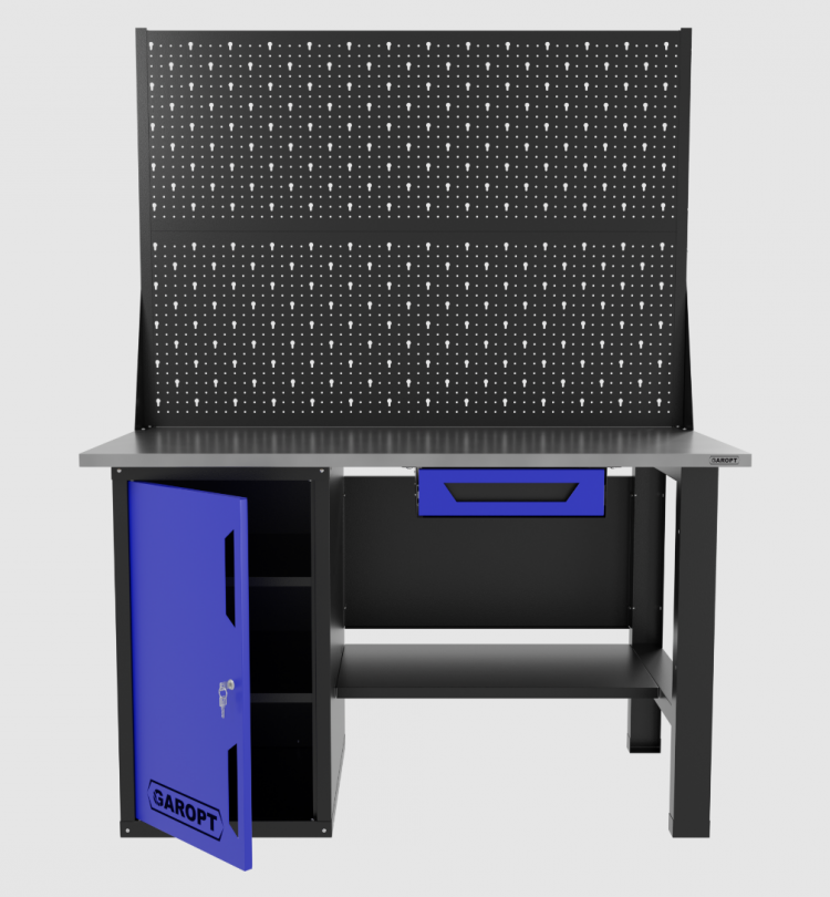 Верстак однотумбовый с ящиком и двумя экранами 1400*700 GAROPT синий, GT1400STDY1PP2.blue